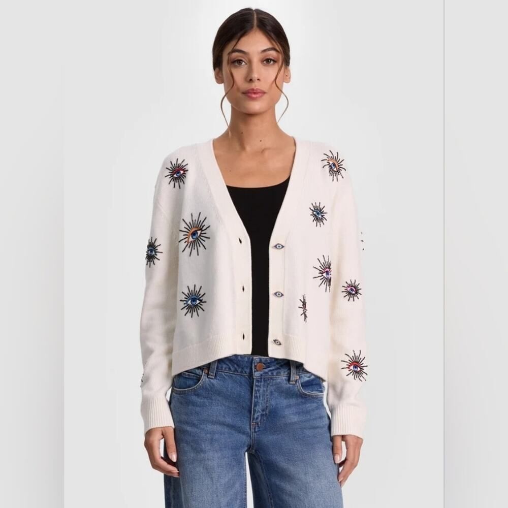 Alice + Olivia White Cardigan with Multicolor Embroidery BRADLEY SHORT EMBELLISH